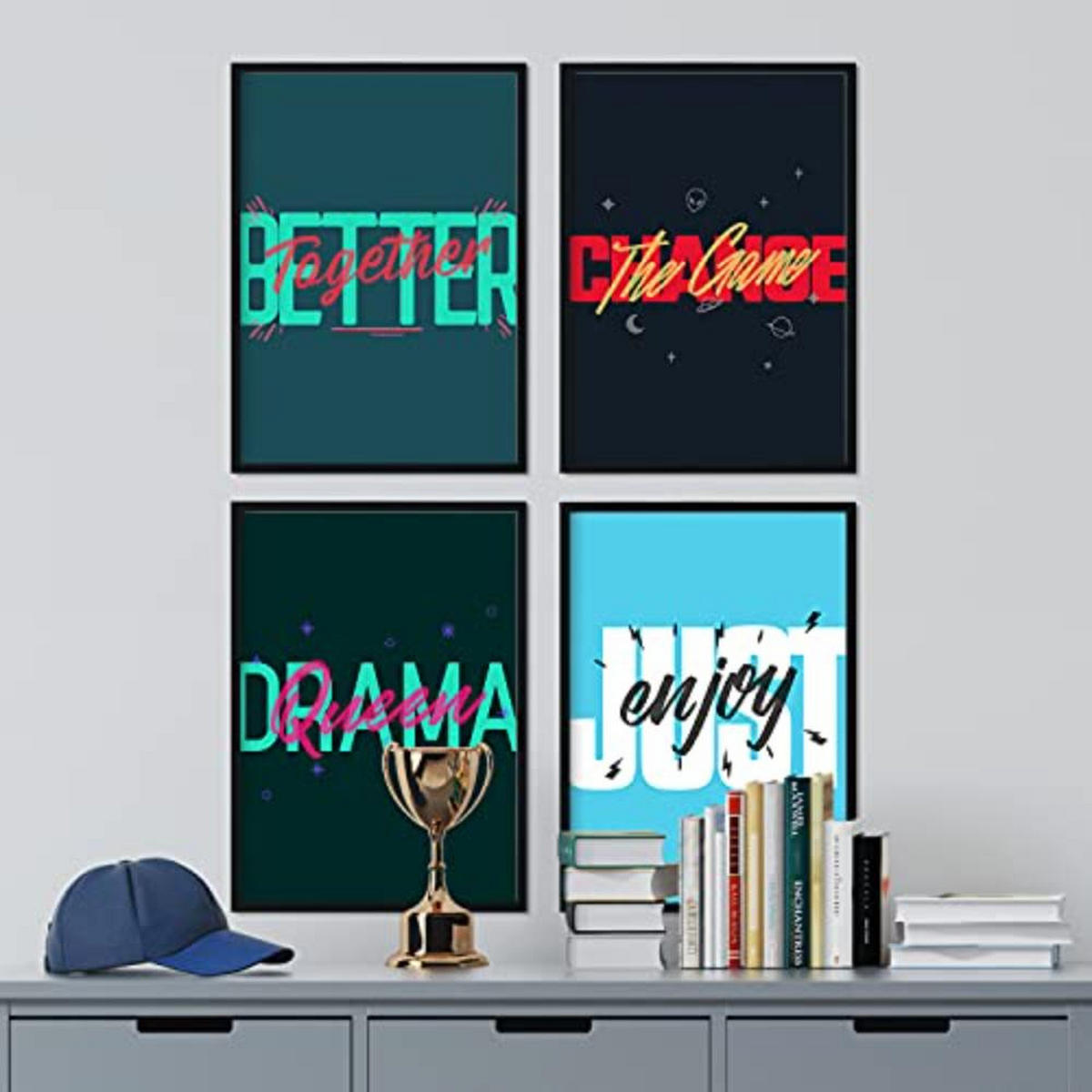POSTER Set mit 4 blauen und grünen Etikettendesign und Motivationsnachrichten A4 Rahmenlos - Klar, Papier (29.7/3cm) - Nacnic