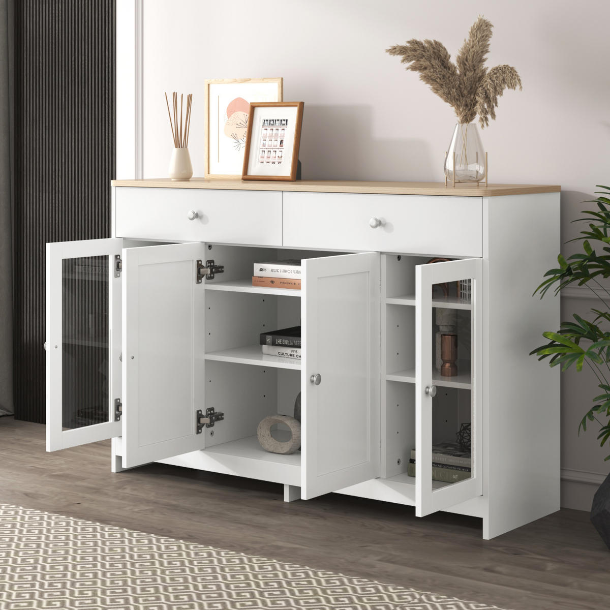 SIDEBOARD 120/37/80 cm mit 4 Türen, 2 Schubladen & Glaseinsatz im Landhausstil - Weiß, Holzwerkstoff (120/80/37cm) - BEAOK