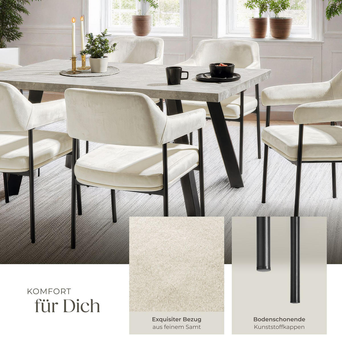 ARMLEHNSTUHL 2er Set Doé 58 x 62 x 85 cm Samtoptik off-white - Weiß/Samtahornfarben, Textil (58/85/62cm) - tectake