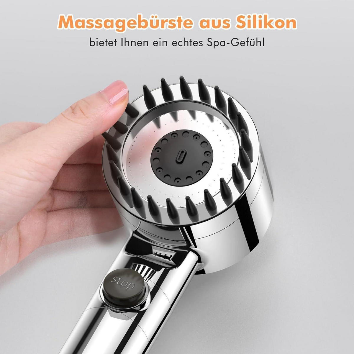 HANDBRAUSE mit 15-Schicht-Filter und 3+1 Strahlarten - Silberfarben, Metall (9/12.7/27cm)