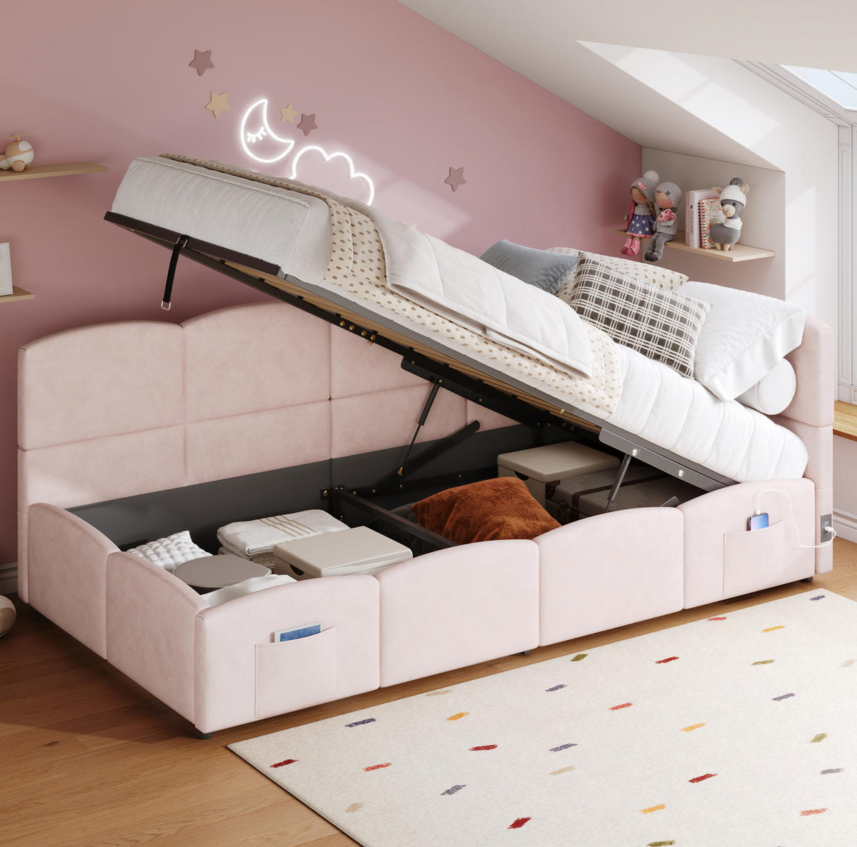 POLSTERBETT 90/200 cm aus Samt mit hydraulischem Stauraum und USB-Anschlüssen Rosa - Rosa, Textil (90/200cm) - Modenvie