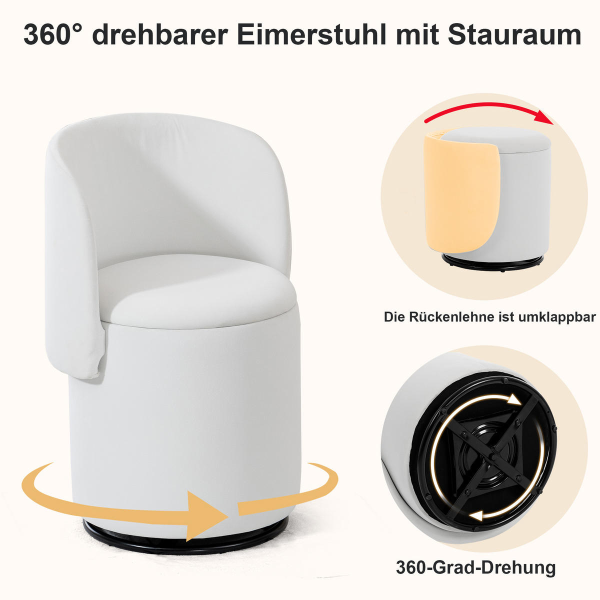 SESSEL Samt Weiß drehbar, Stauraum und mit Hocker - Beige, Holzwerkstoff/Textil (48/75/52cm) - WISHDOR