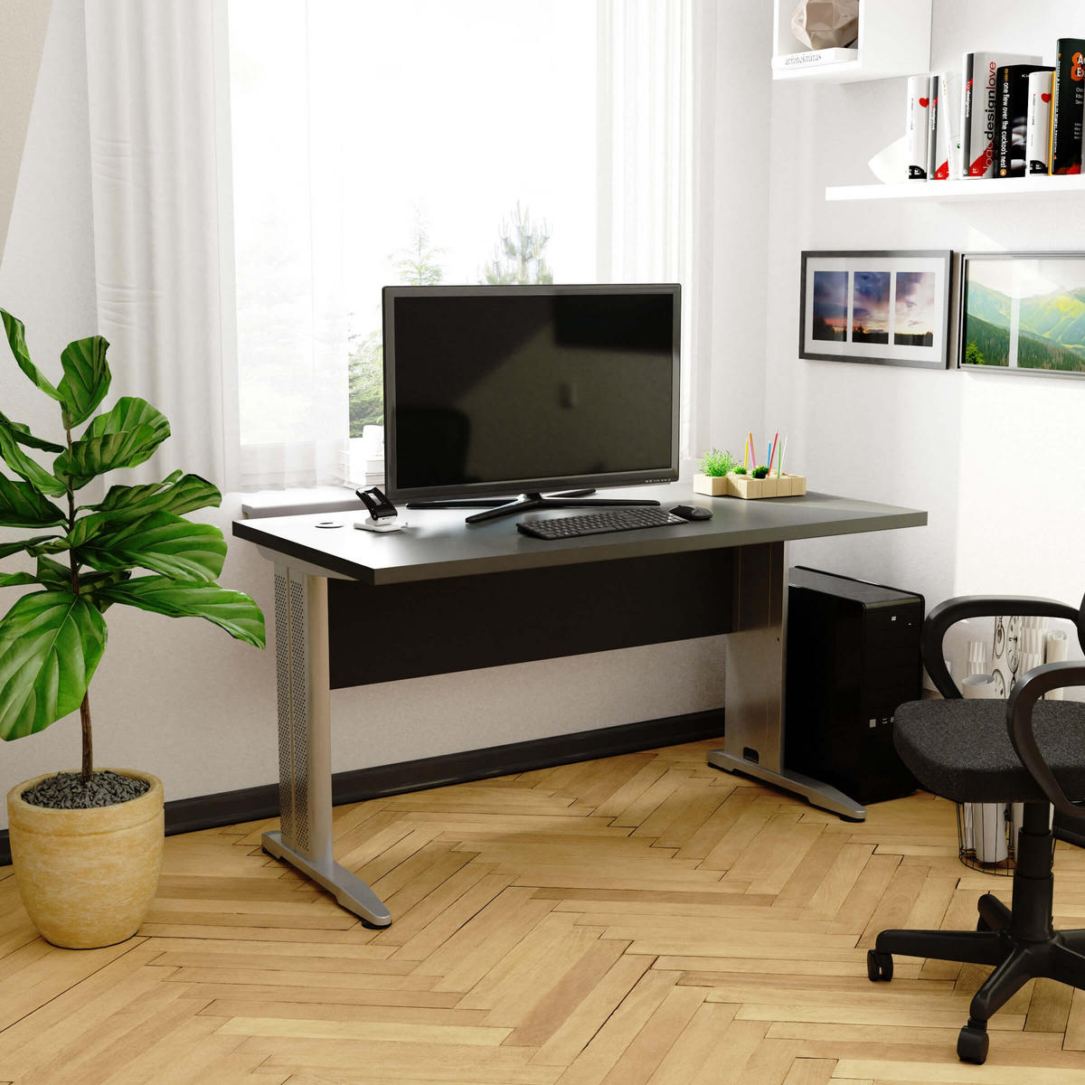 SCHREIBTISCH Graphitgrau 135x60x76 cm - Silberfarben/Graphitfarben, Holzwerkstoff (60/135/76cm) - Akord