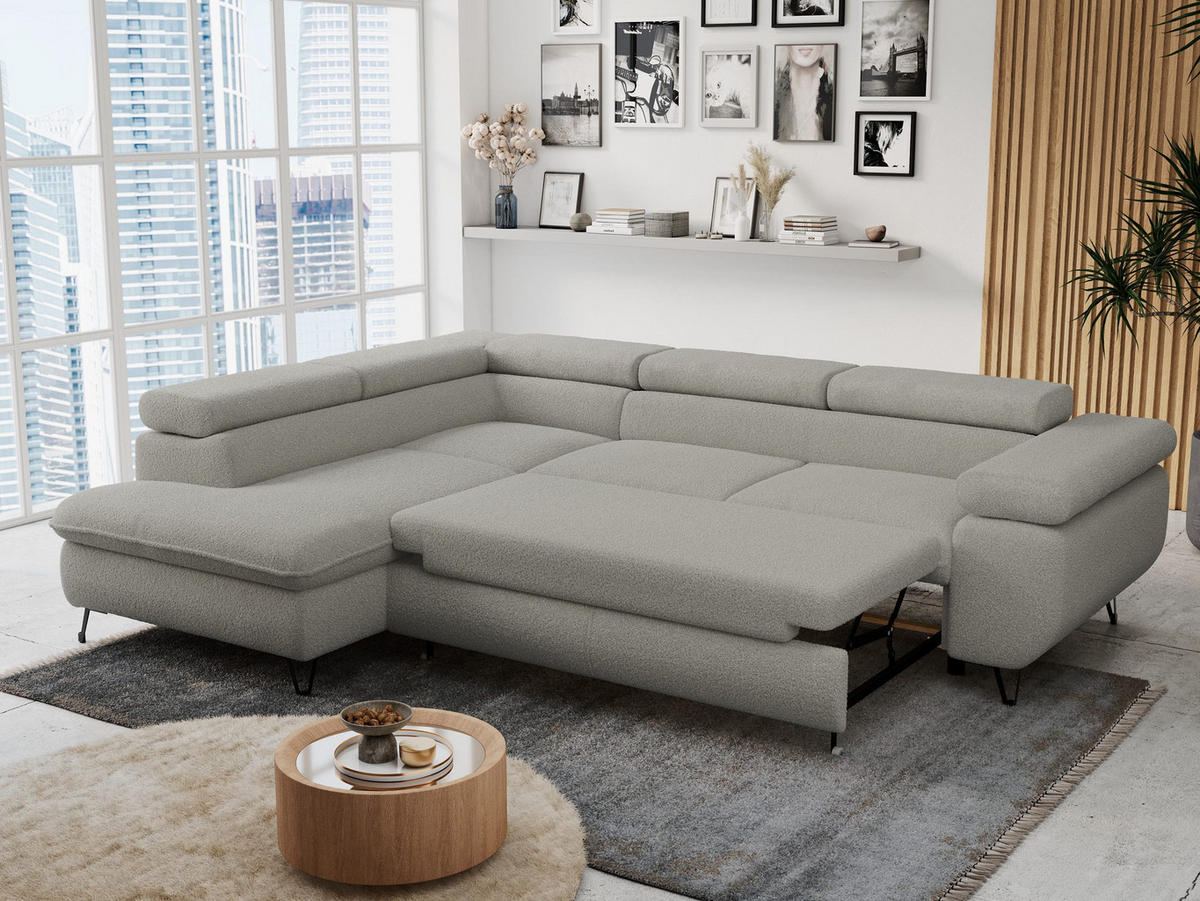 ECKSOFA PETER L Hellgrau Boucle - Links Seite - Hellgrau/Schwarz, Textil/Metall (208/273cm) - MKS