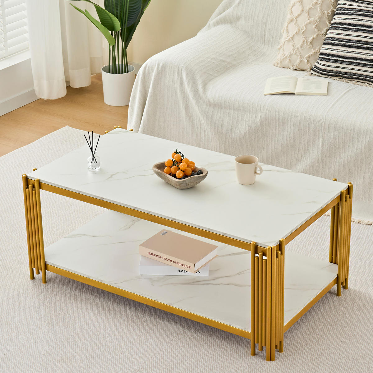 COUCHTISCH DE-220 Rechteckig Weiß-Gold - Weiß, Holzwerkstoff (64/114/46cm) - ComfortXL