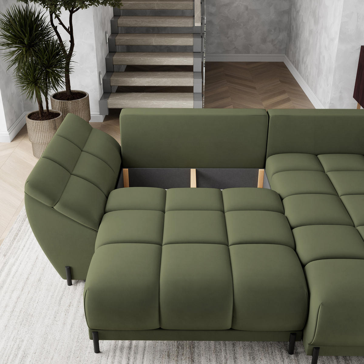 ECKSOFA VESTANO R-S Grün Velours-Stoff mit Schlaffunktion - Grün, Holz (287/182cm) - MASSENO