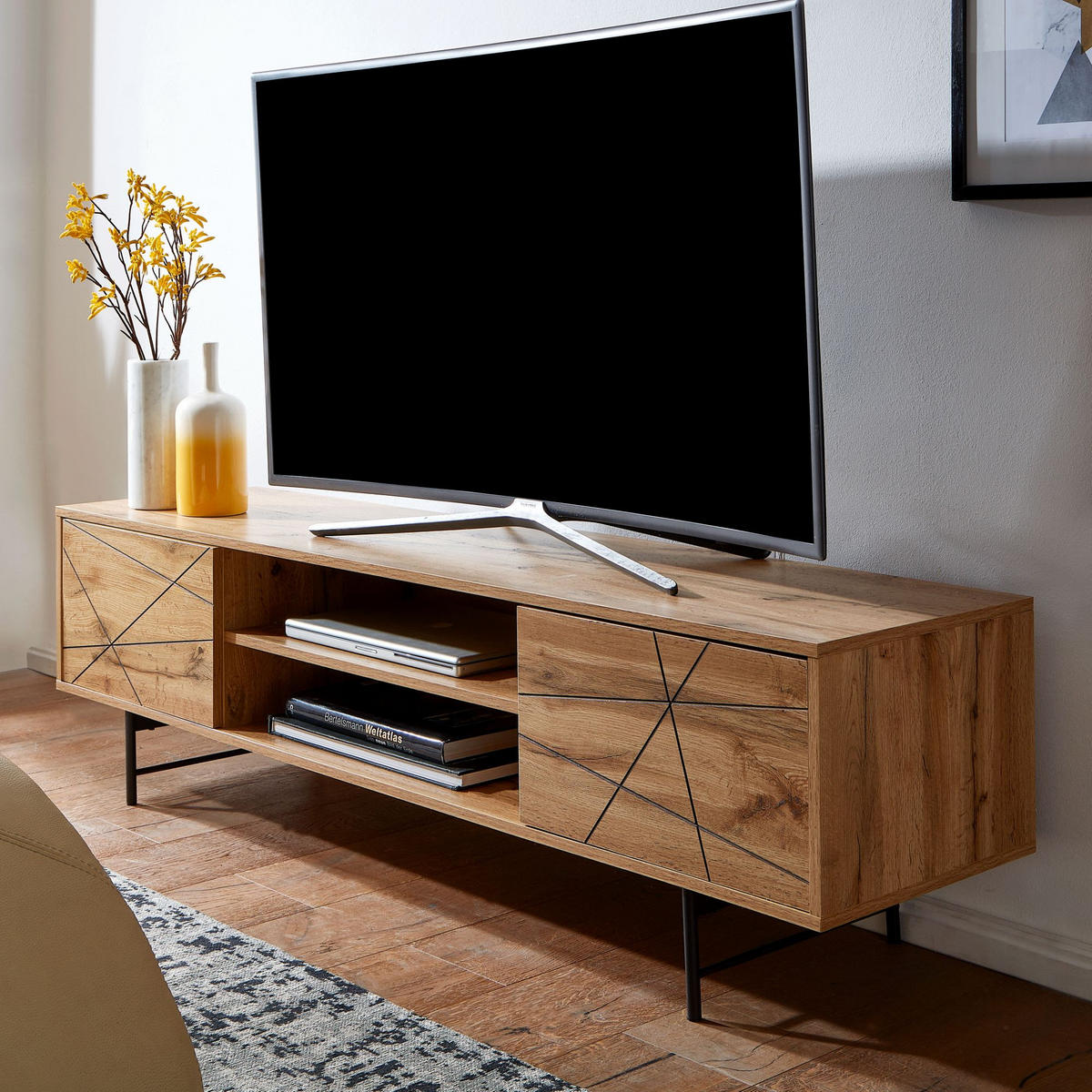 LOWBOARD Eiche-Dekor Modern Stil 160 cm Breit mit Linienmuster - Schwarz/Braun, Holz/Metall (160/45/40cm) - KADIMA DESIGN