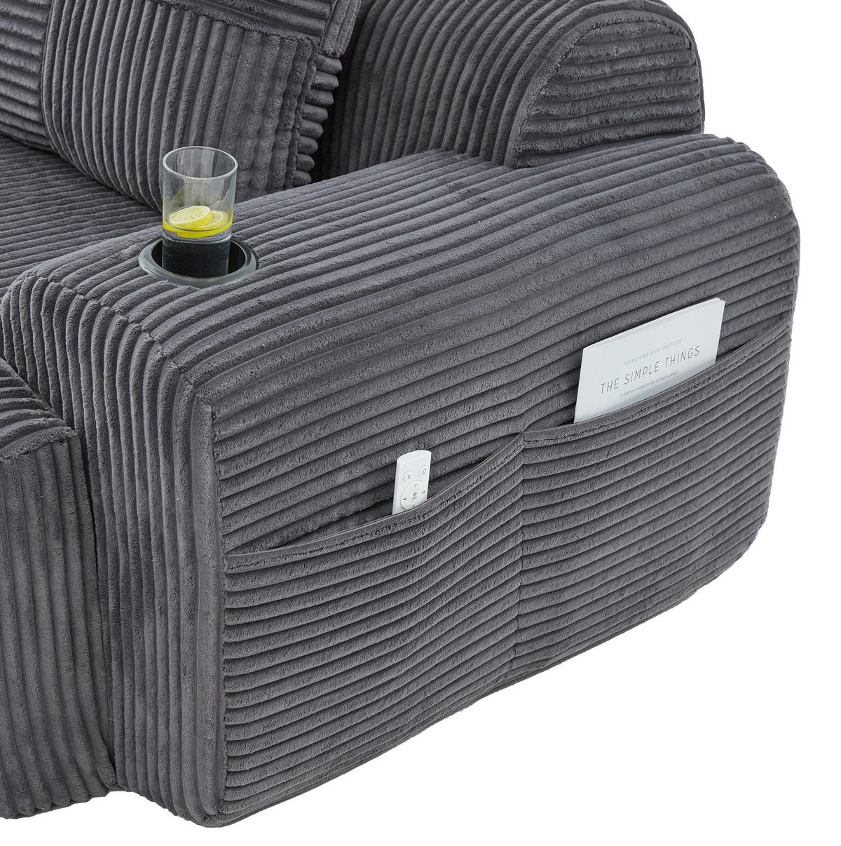 SOFA 268/174/80 cm in Dunkelgrau mit Cupholder und Tasche - Dunkelgrau, Textil (174/80/268cm) - Flora Grace