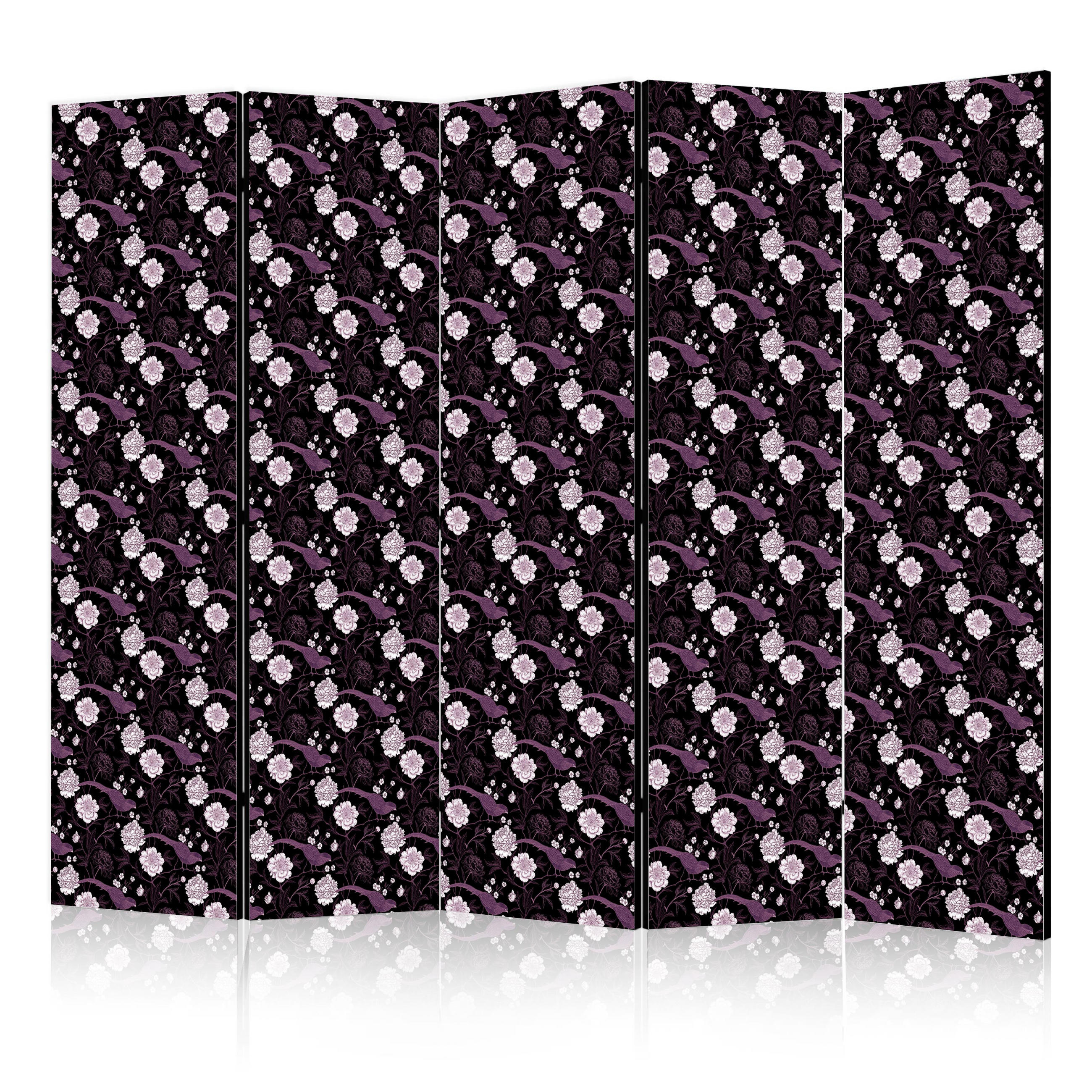 PARAVÁN Akustický 5-dielny 225x172 cm Vtáky a pivonky - čierna, drevo/textil (225/172/3cm) - Muralo