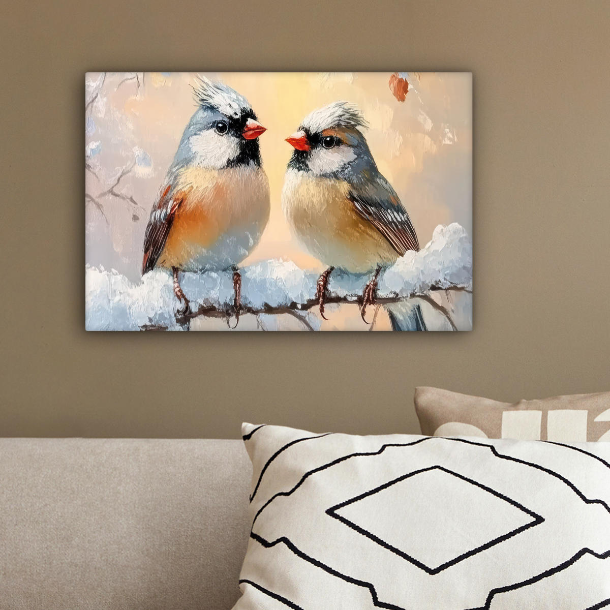 LEINWANDBILD Vögel - Zweig - Winter - Schnee 30x20 cm - Pastellblau, Textil (30/20cm) - MuchoWow