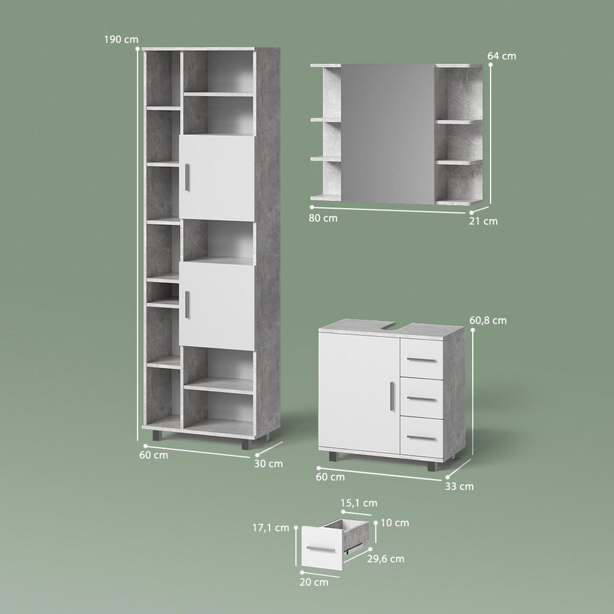 BADMÖBEL-SET Eisak Beton 3 Teile, mit Hochschrank - Schieferfarben/Weiß, Holzwerkstoff (60/60/33cm) - Livinity®