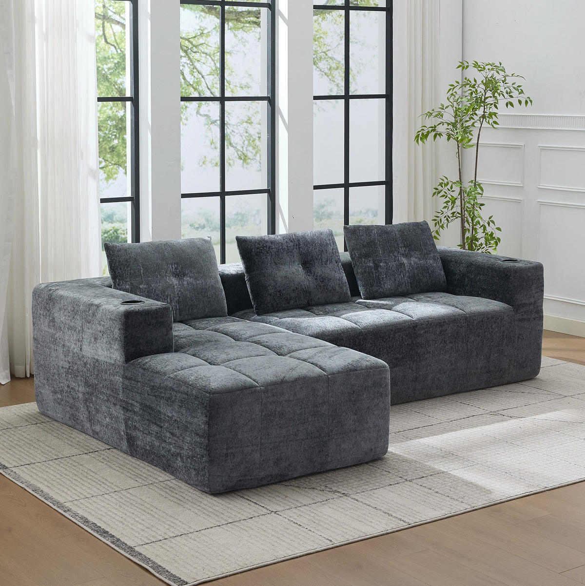 ECKSOFA 258 cm mit Becherhaltern, tiefer Sitzfläche und Chenillebezug, Grau - Grau, Textil (258/163cm) - Redom