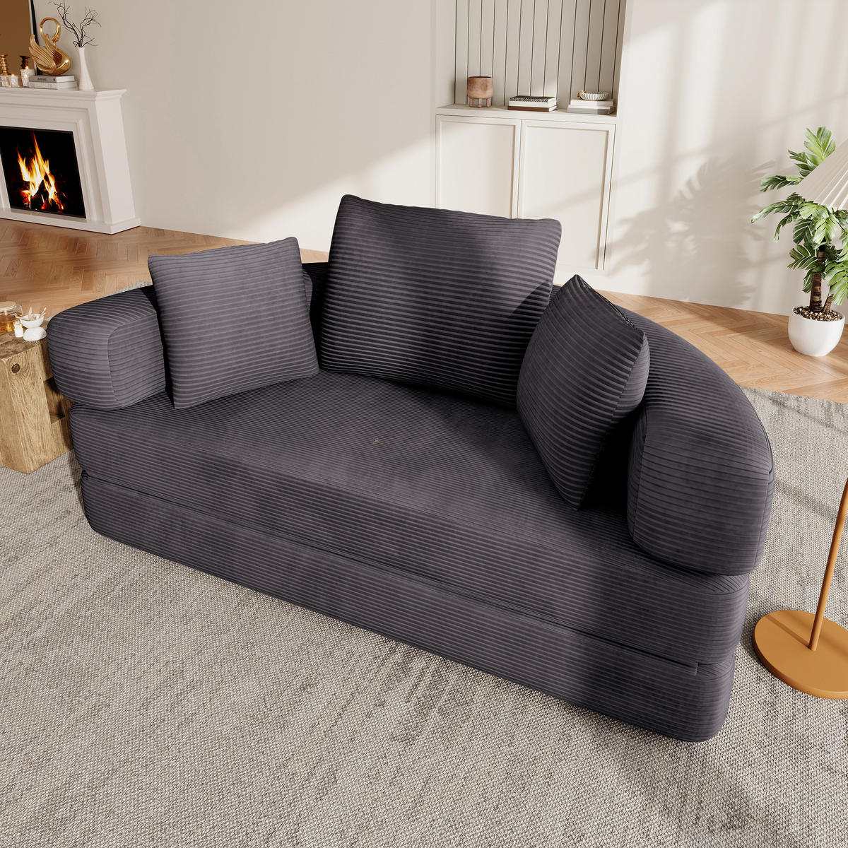 SOFA Schwarz Cordstoff,Modular Schlafsofa mit 3 Kissen Gästebettfunktion - Schwarz, Textil (173/60/176cm) - PARAFTA HOME