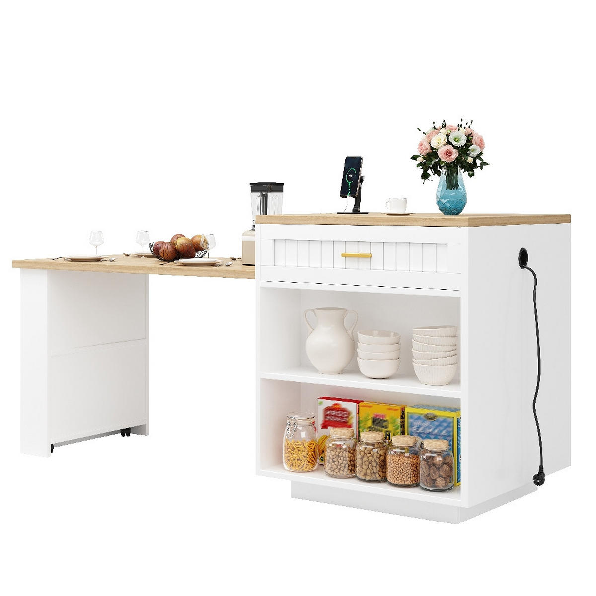 KÜCHENINSEL Ausziehbar mit Steckdose, MDF/Metall, Weiß, 121,5-192/70/92 cm - Weiß, Kunststoff (70/92/121.5cm) - Rolipo