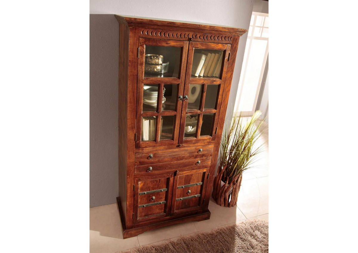 VITRINE Akazie 94x50x195 nougat lackiert OXFORD #452 - Dunkelbraun, Holz (94/195/50cm) - Massivmoebel24
