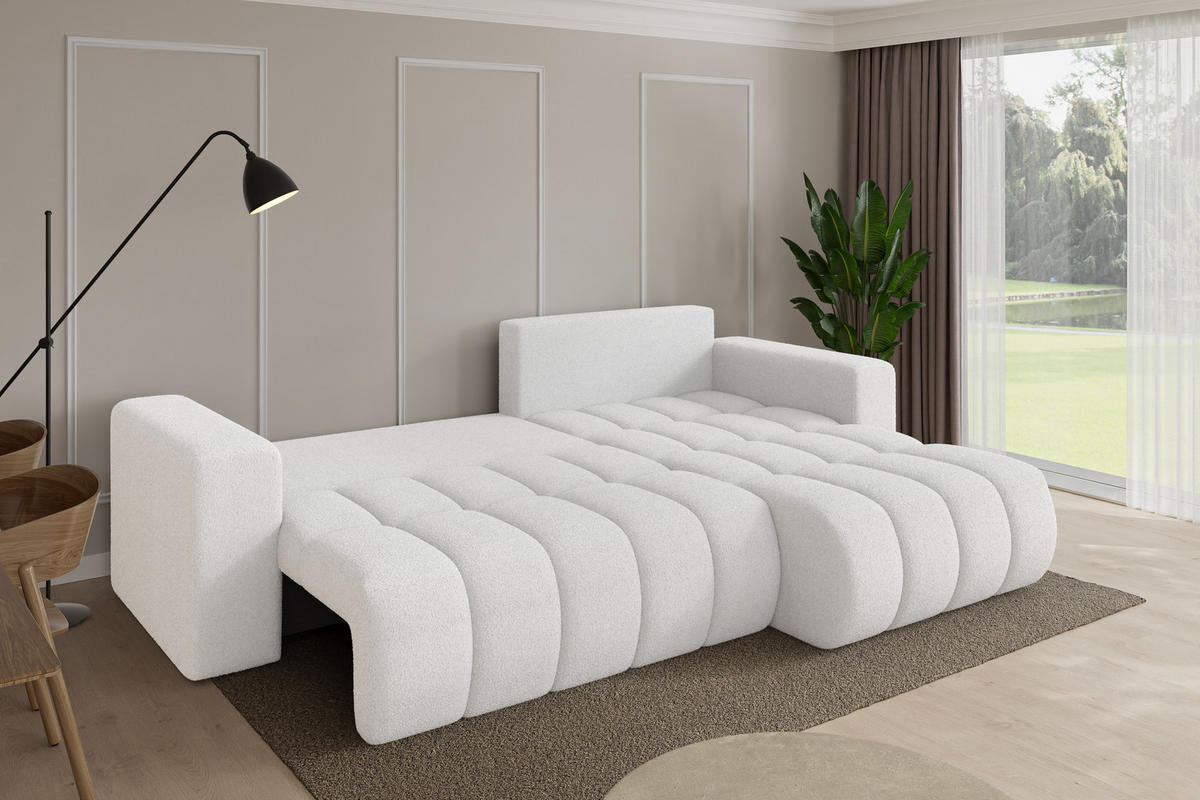 ROHOVÁ SEDAČKA s funkcí spaní, otoman vpravo MILA-L-v1 277x195x86 bílá bouclé - bílá/černá, kompozitní dřevo/textil (277/194cm) - ALTDECOR