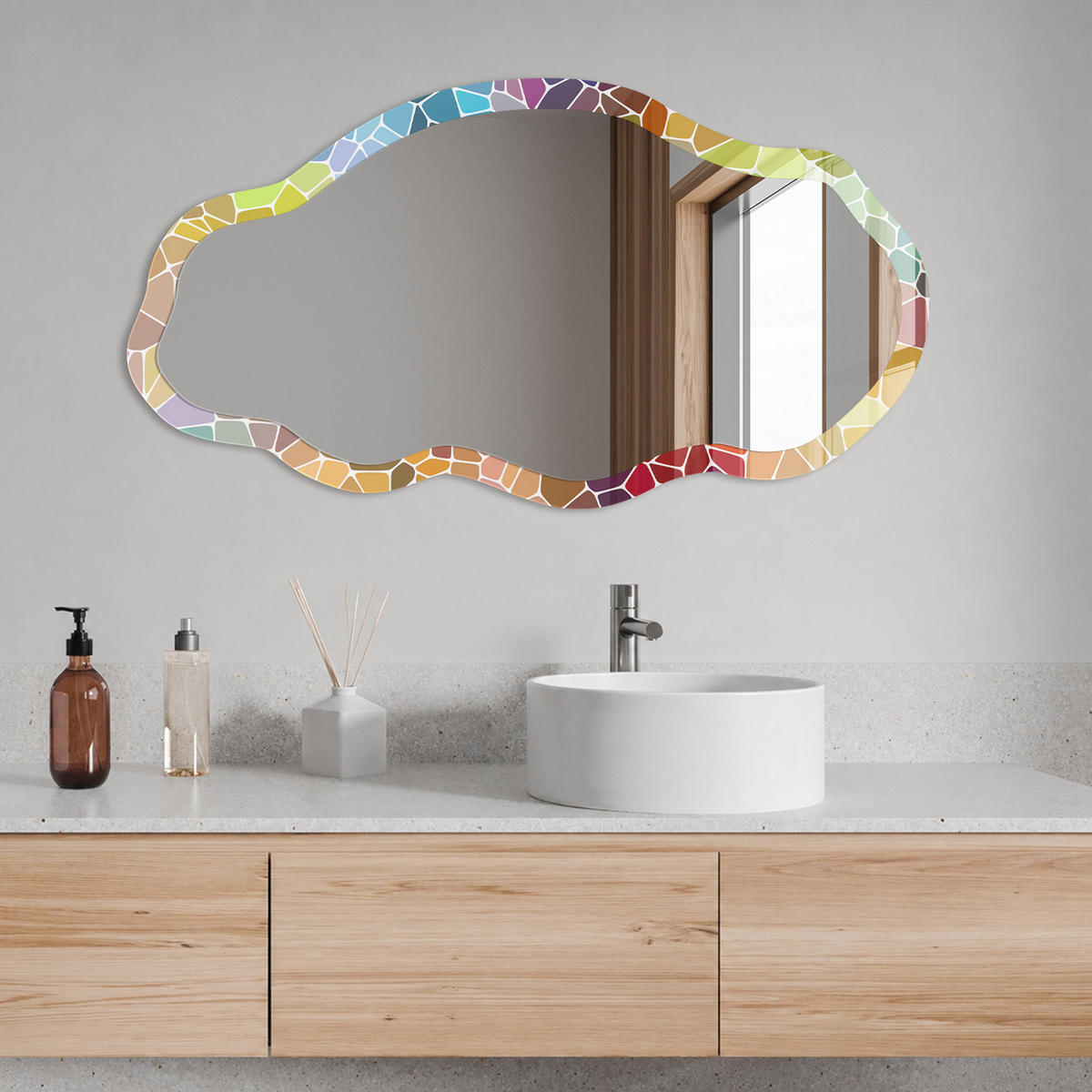 SPIEGEL 90x45 cm asymmetrisch mit Druck - Farbenfrohes Mosaik - Transparent, Glas (45/90/0.4cm) - TULUP