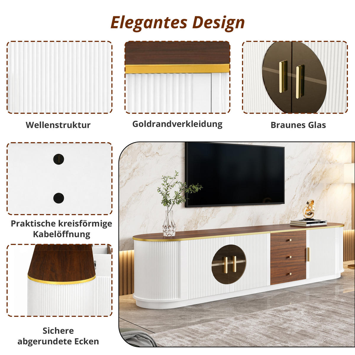TV-ELEMENT 180/40/46 cm Weiß mit 3 Schubladen und Aluminiumgriffe - Weiß, Holz (180/46/40cm) - Oxeza
