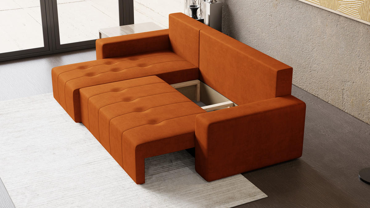 ECKSOFA Tico mit Bettkasten und Schlaffunktion, L-Form/XL-Form, Velourstoff, Universal - Rostfarben, Holzwerkstoff (246/145cm) - 4ALL HOME
