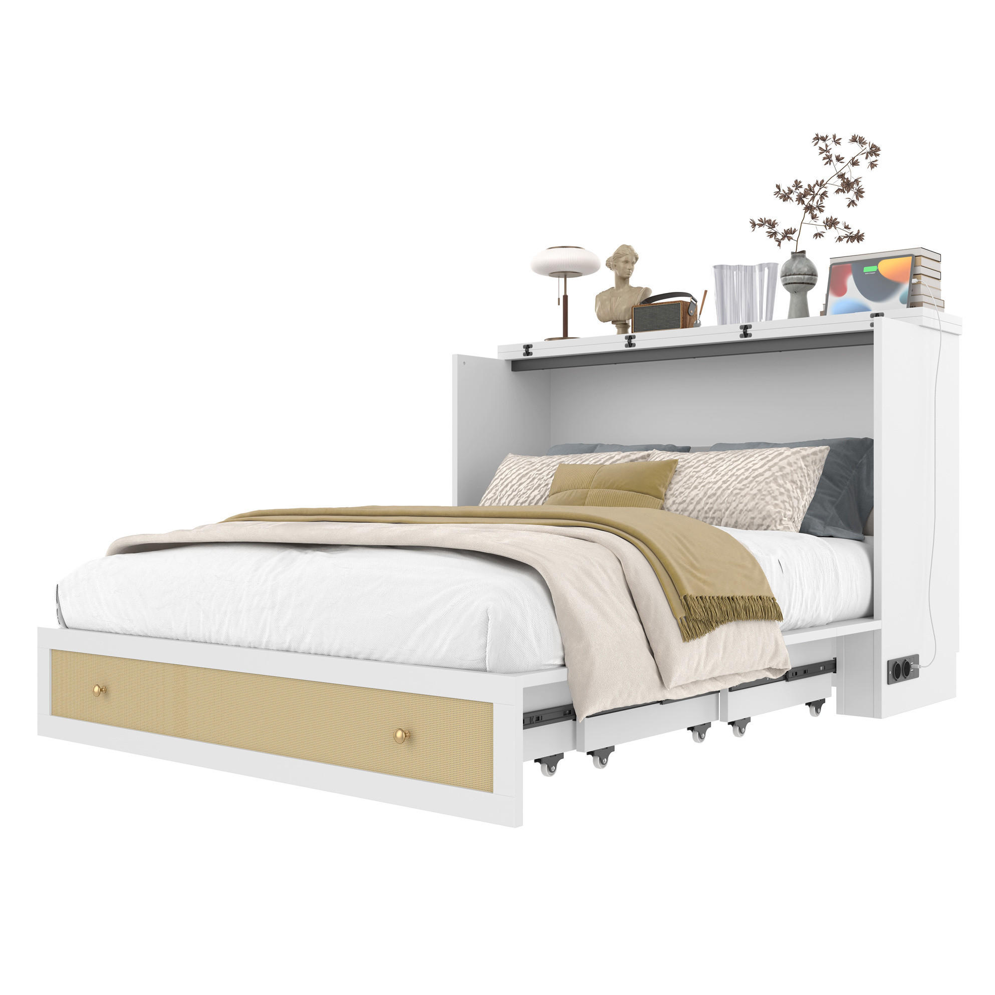 OKWISH ŠATNÍ postel 140/200 cm bílá z MDF s USB, zásuvkou a úložným prostorem