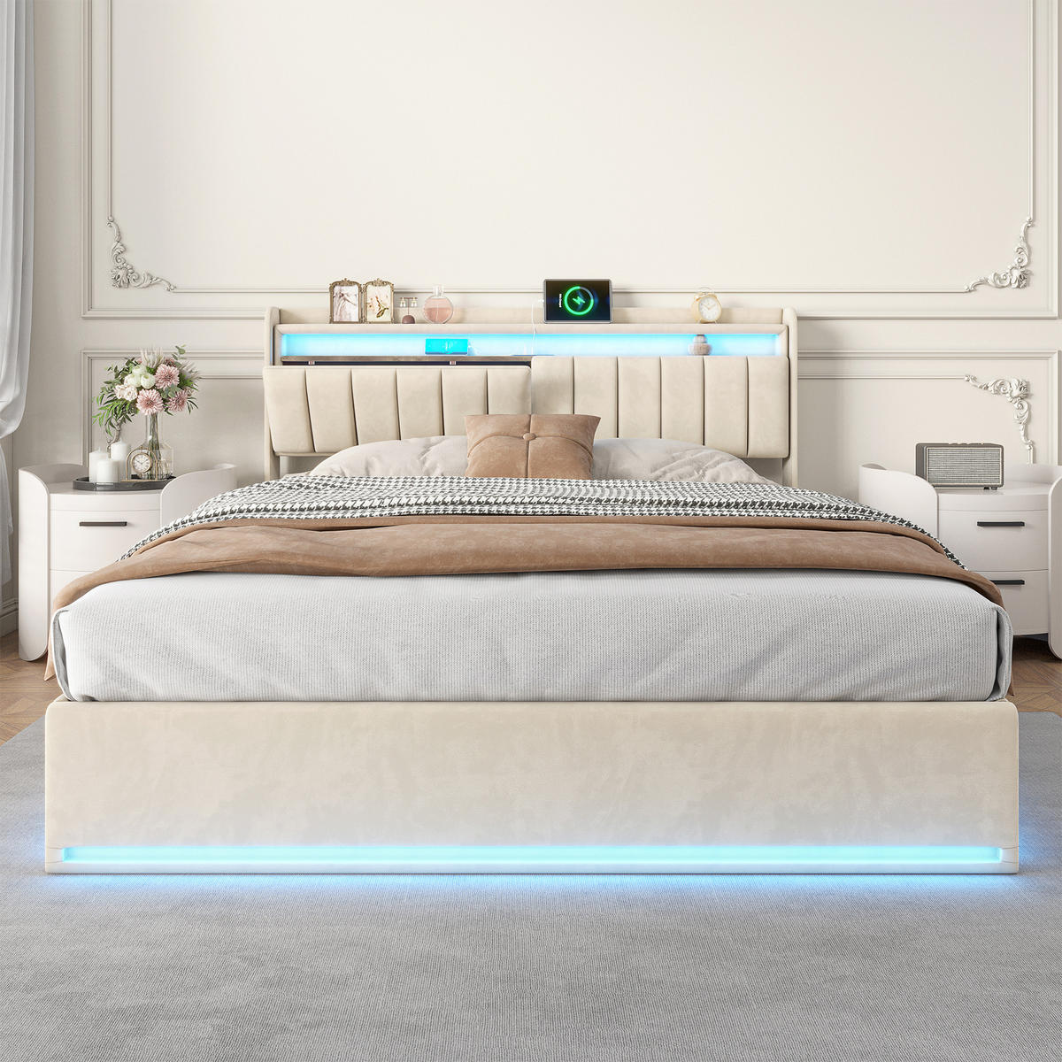 POLSTERBETT 160x200 cm mit LED, USB Und Type-C, Doppelbett mit Bettkasten 160x200, Stauraum, Beige Samt - Beige, Textil/Metall (160/200cm) - GENKI LIVING