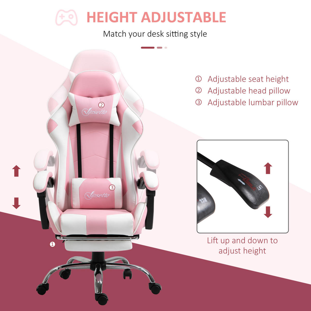 GAMINGSTUHL 64/119-127/67 cm Pink aus Schaumstoff höhenverstellbar - Pink, Kunststoff (67/127/64cm) - OKMYHOME