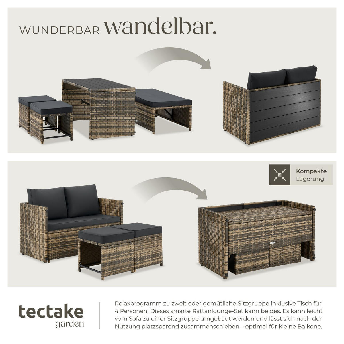 2-IN-1-RATTANLOUNGE-SET Monopoli, höhenverstellbare Tischfüße, natur - Naturfarben, Kunststoff - tectake