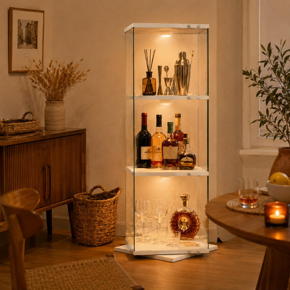 DREHVITRINE 360° mit RGB LED, 3 Ebenen, Glasvitrine weiß für Deko - Weiß, Glas (38/121/38cm) - SHOPENTRA