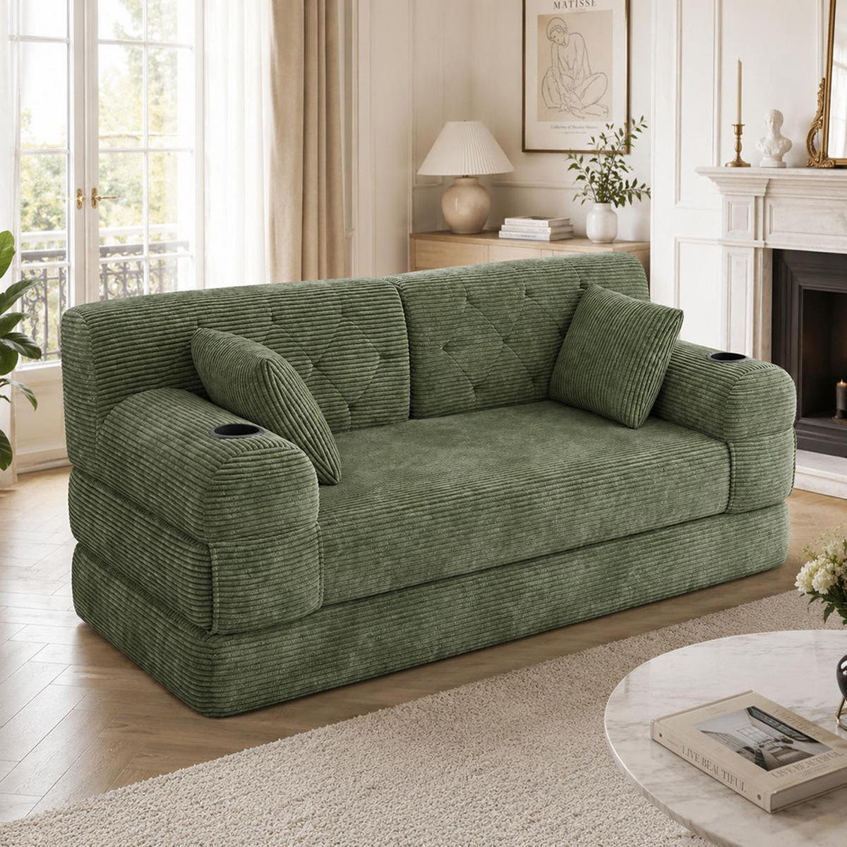 2-SITZER-SOFA – Cord, Metallrahmen, Becherhalter, kompakt, Grün - Grün, Textil (80/81/168cm) - KOMHTOM