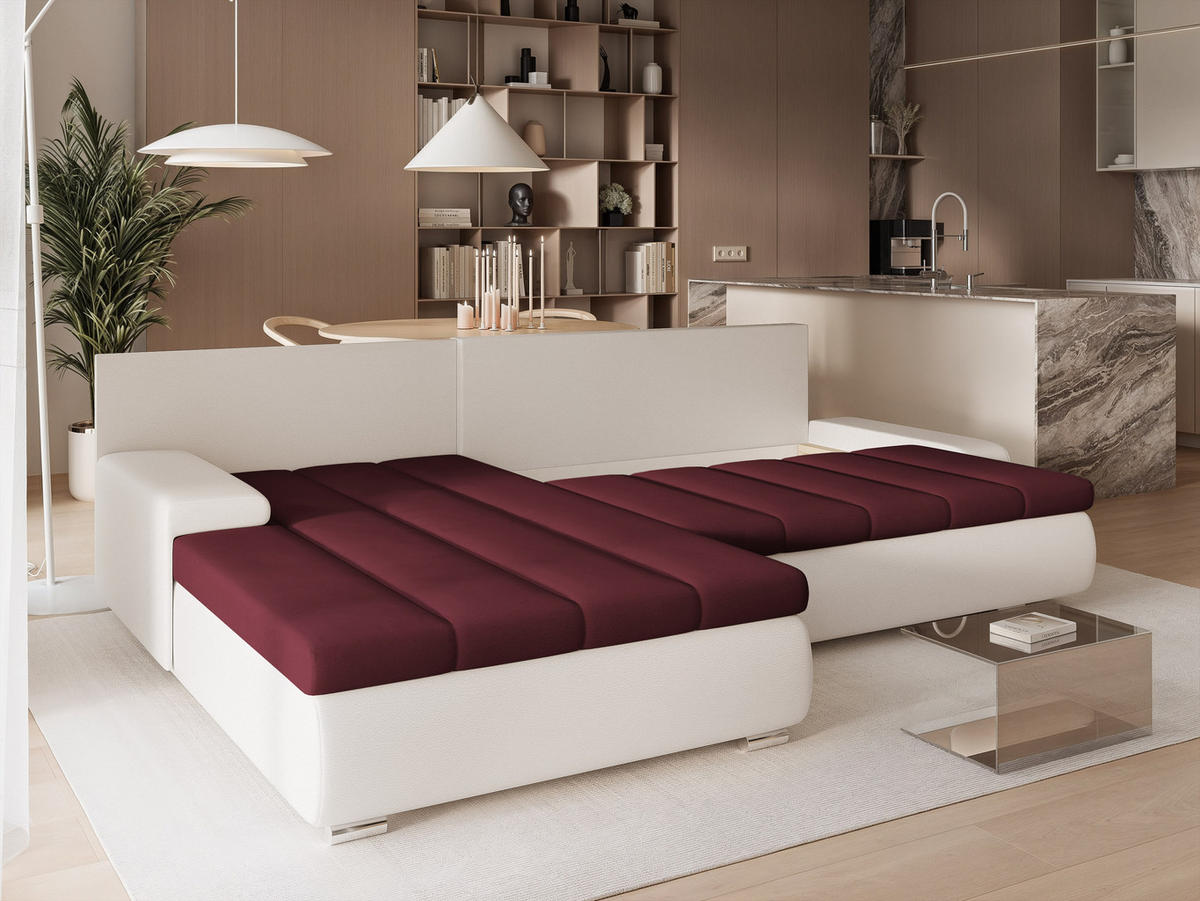 ECKSOFA VELANO mit Schlaffunktion und Bettkasten Creme/Rot - Rot, Holzwerkstoff/Kunststoff (250/90cm) - Idohome