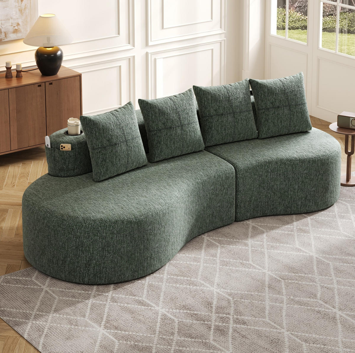 SOFA 240/109/63 cm in Grün aus Leinen mit 4 Kissen, Becherhaltern und Taschen - Grün, Textil (109/63/240cm) - Flora Grace