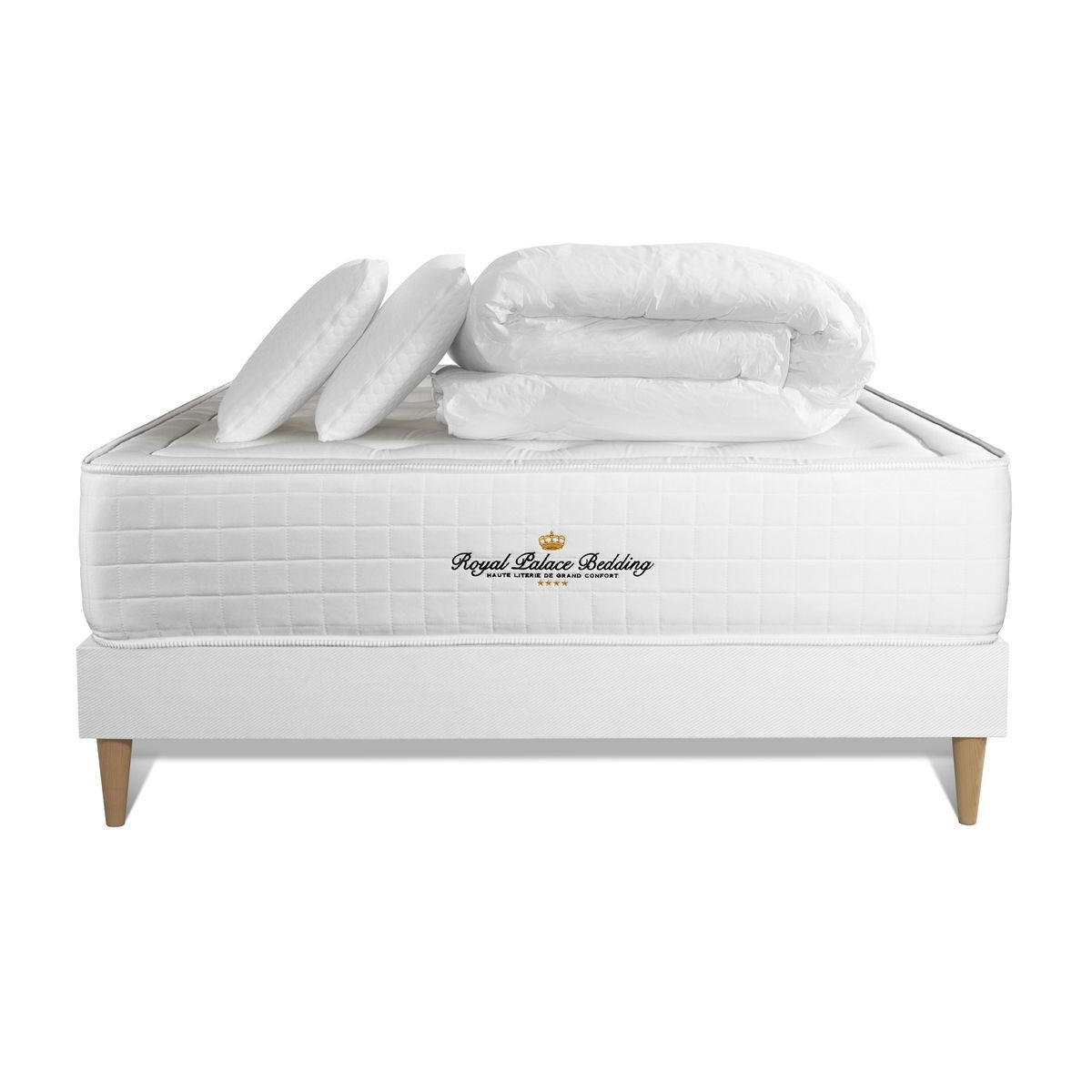 BETT Buckingham Memory-Schaum 140 x 190 cm h1 - Kit Bettgestell Weiß - Mit Kissen und Bettdecke - Beige/Weiß, Karton/Holz (140/190cm) - ROYAL PALACE BEDDING