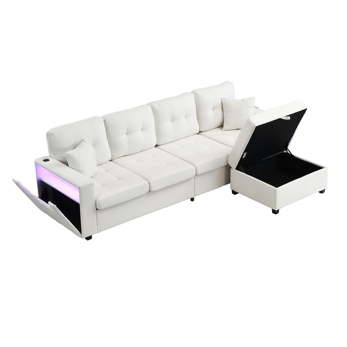 ECKSOFA 253/144.5/80.7 cm Beige mit Aufbewahrungshocker, LED Stimmungslicht und Stauraum - Beige, Textil (253/144.5cm) - Oxeza