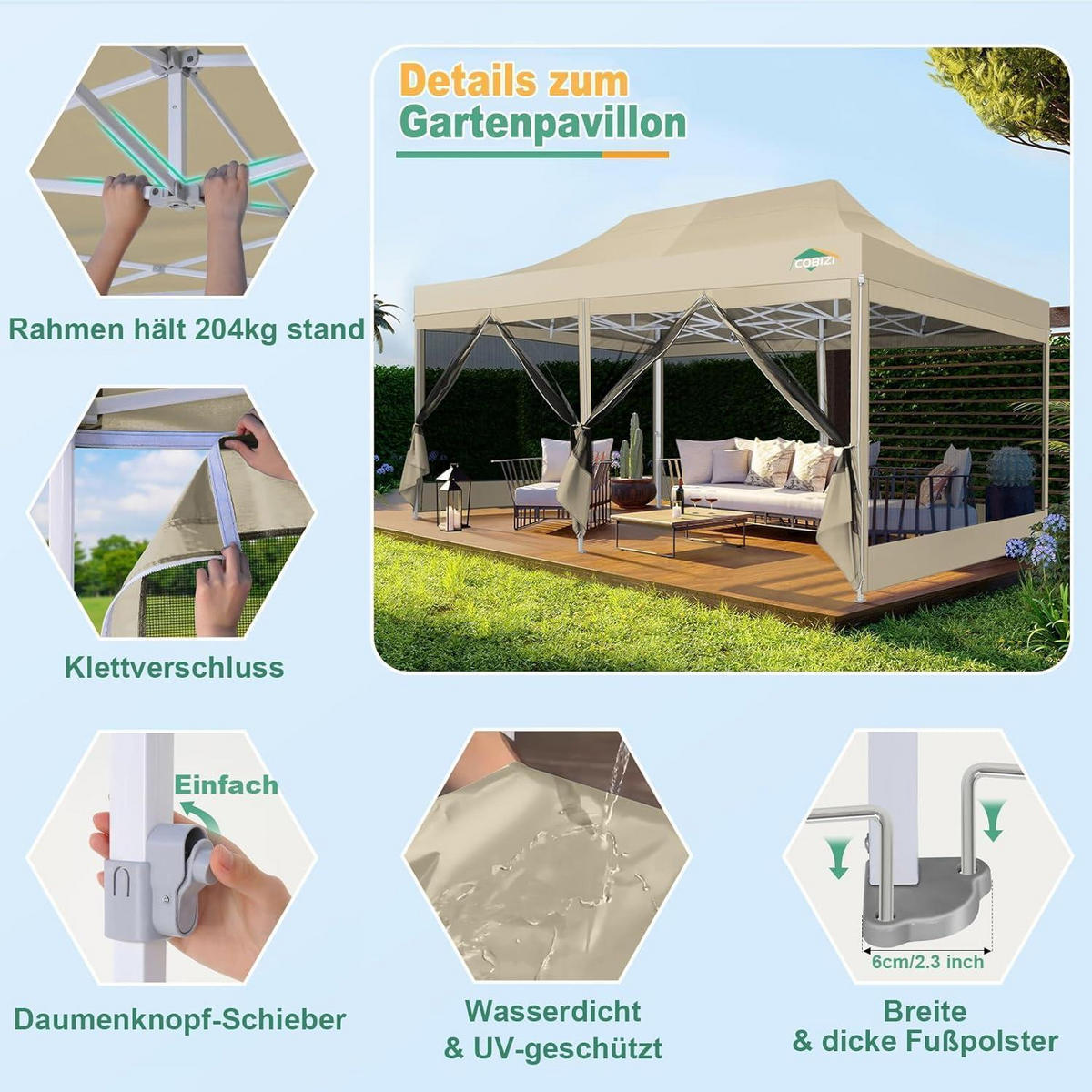 FALTPAVILLON 3 x 6 m mit Moskitonetz Khaki - Beige, Textil (300/275/600cm)