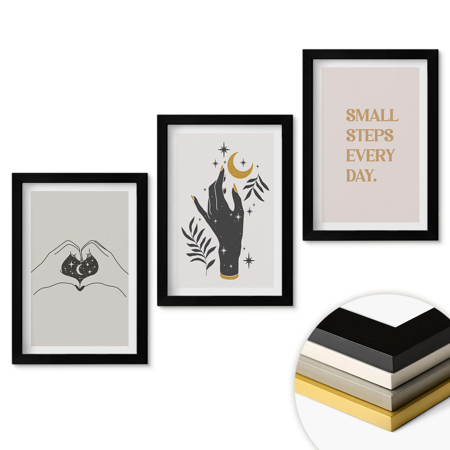 WANDBILDER 3er-Set - 20x30 cm Schwarzer Rahmen - Minimalistische Boho-Illustrationen - Schwarz, Kunststoff (20/30cm) - ArtPrintCave