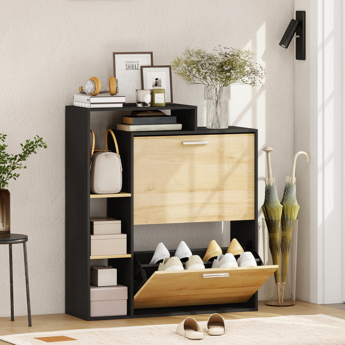 SCHUHSCHRANK Schwarz Natur Holzwerkstoff klappbar mit Fächern 1 Stück - Schwarz, Holzwerkstoff (80/90/26cm) - PANGIVO
