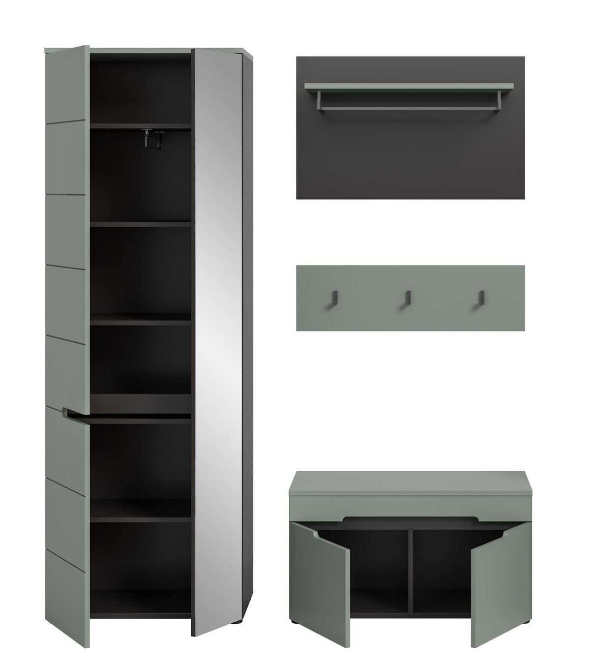 GARDEROBEN-SET CANU 3-tlg. (B/H/T: ca. 160/190/37 cm) in Basalt grau/Smoke Green - Grau, Holzwerkstoff (160/190/37cm)