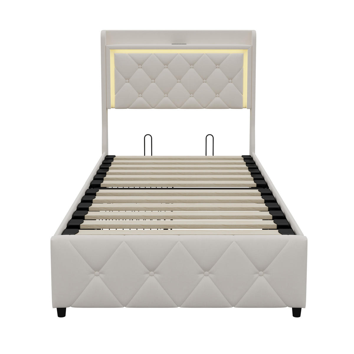 POLSTERBETT 90x200 cm, Einzelbett mit 2 Schubladen, LED & USB/Type-C, Flauschstoff in Beige - Beige, Holz (90/200cm) - BRILVERDE