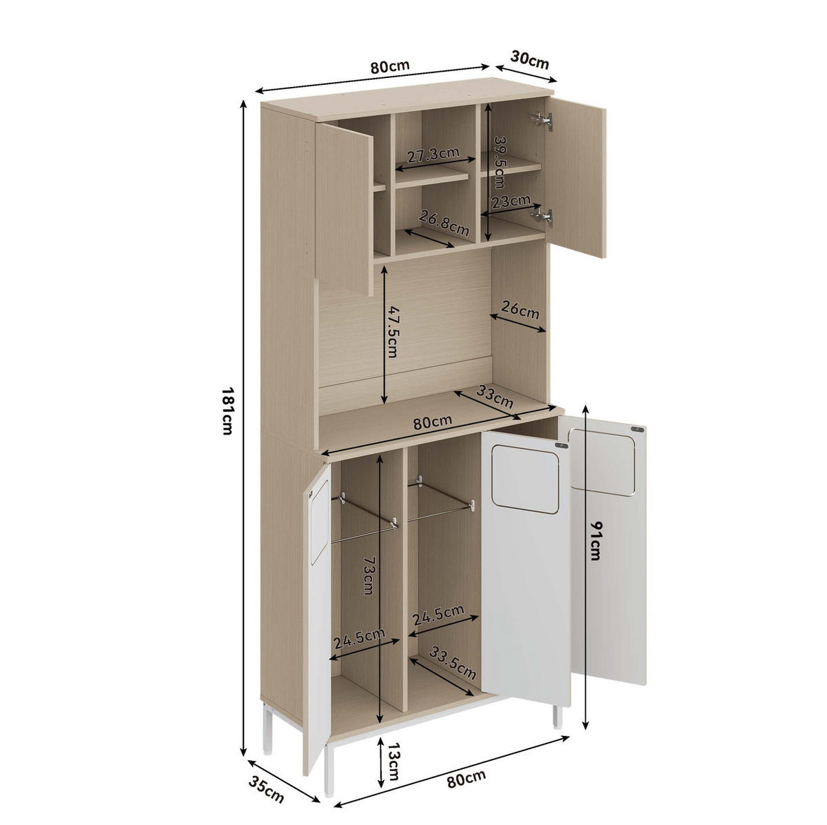 BUFFET aus MDF 35x80x181 cm Weiß mit Müllbereich, Mikrowellenfach und Stauraum für Saugroboter - Weiß, Holzwerkstoff (80/181/35cm) - Modfu
