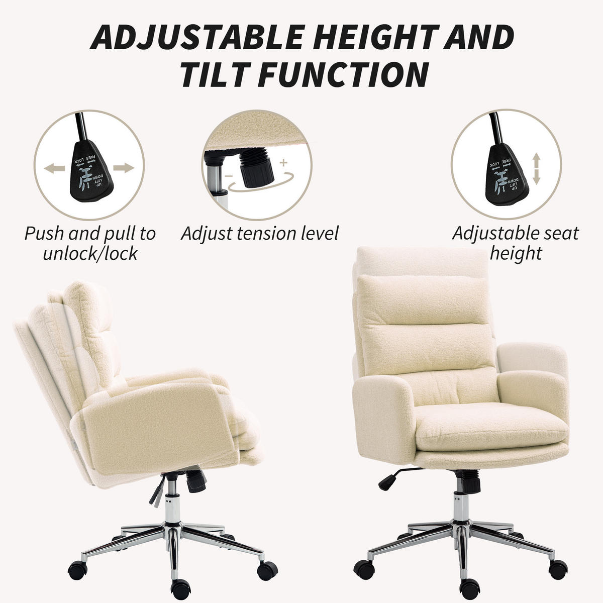 BÜROSTUHL Ergonomischer Schreibtischstuhl mit Armlehne, Lammwolle-Optik Creme - Creme, Kunststoff (58/99/67cm) - HOMCOM