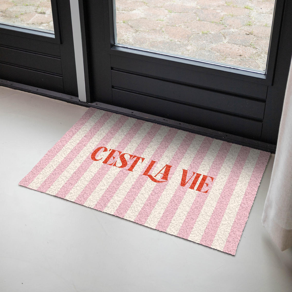 FUSSMATTE Zartrosa – Rot – Streifen – C'est La Vie 90x60 cm - Rosa, Kunststoff (90/0.4cm) - MuchoWow