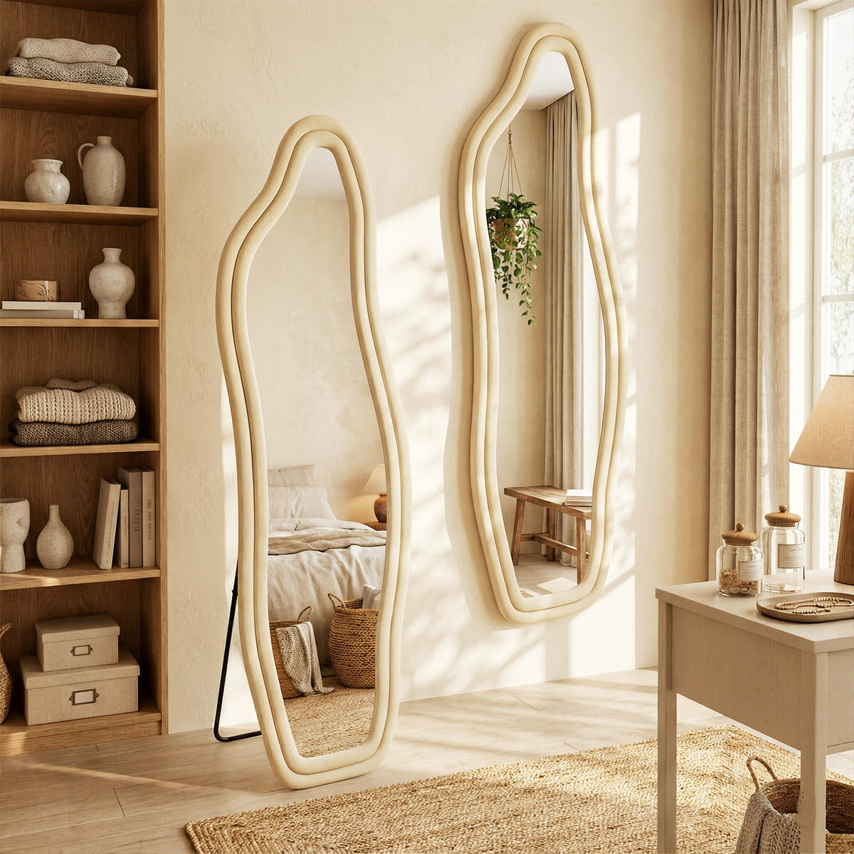 GANZKÖRPERSPIEGEL Wellen-Design mit U-Standfuß & Scharnier 140/45 cm Champagner-Gold - Goldfarben, Glas/Holzwerkstoff (45/140/3cm) - Creahappy