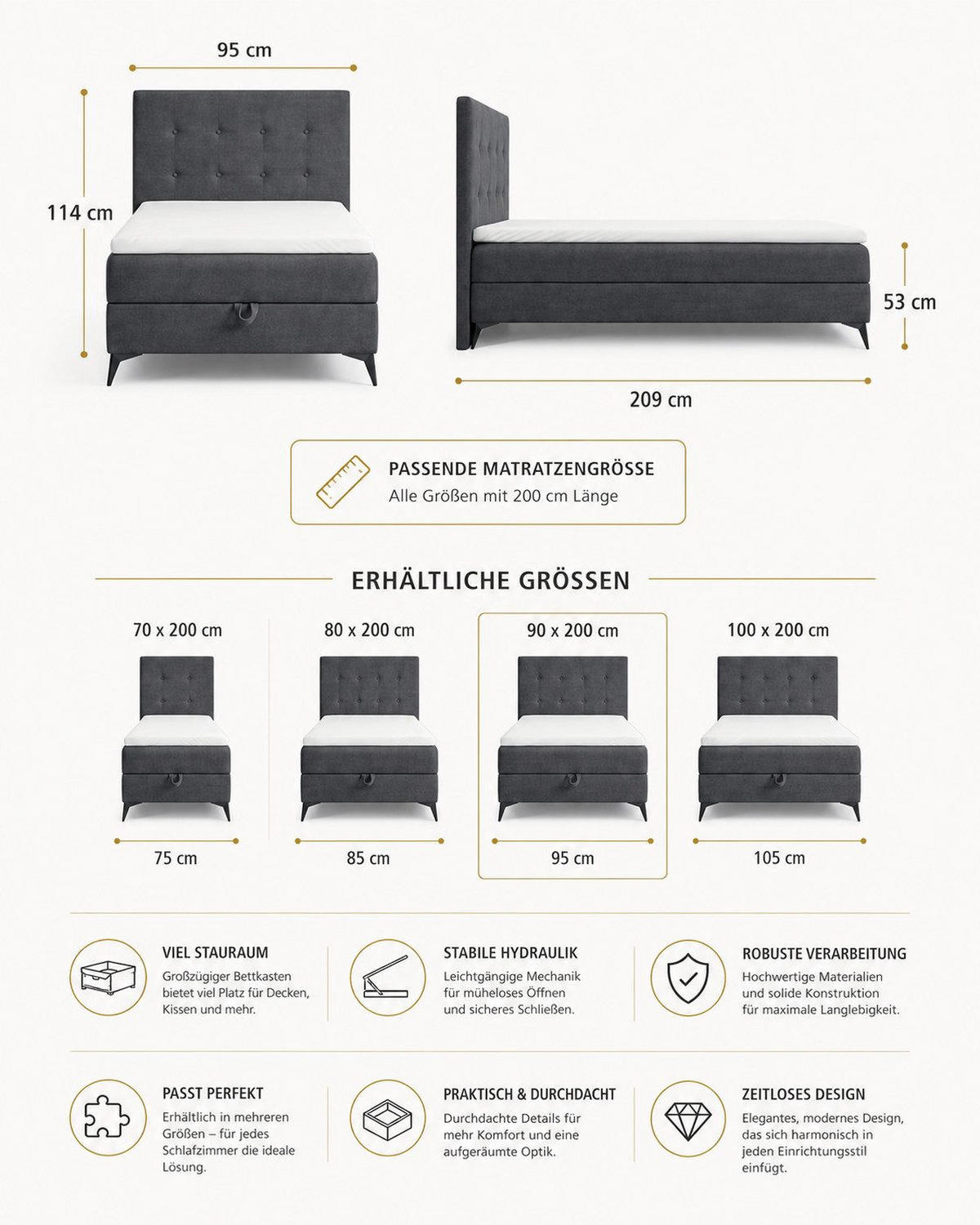 BOXBETT K15 Single SLIM mit Bettkasten & Bonell-Federkern inkl. Topper - Schwarz, Holz/Textil (200/90cm) - Best For Home