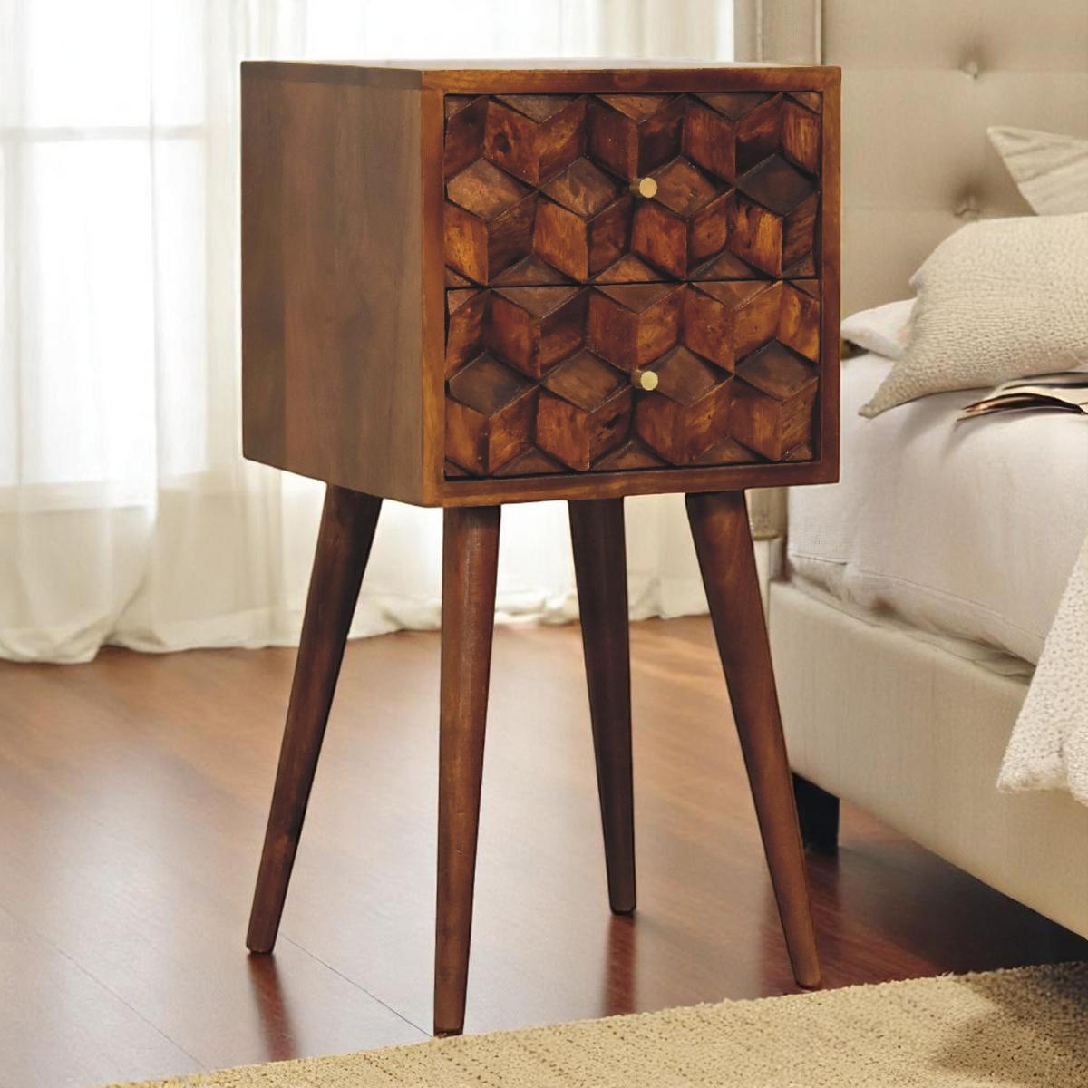 NACHTTISCH aus Massivholz mit 2 Schubladen - Dunkelbraun/Messingfarben, Holz/Metall (31/62/30cm) - Artisan Furniture