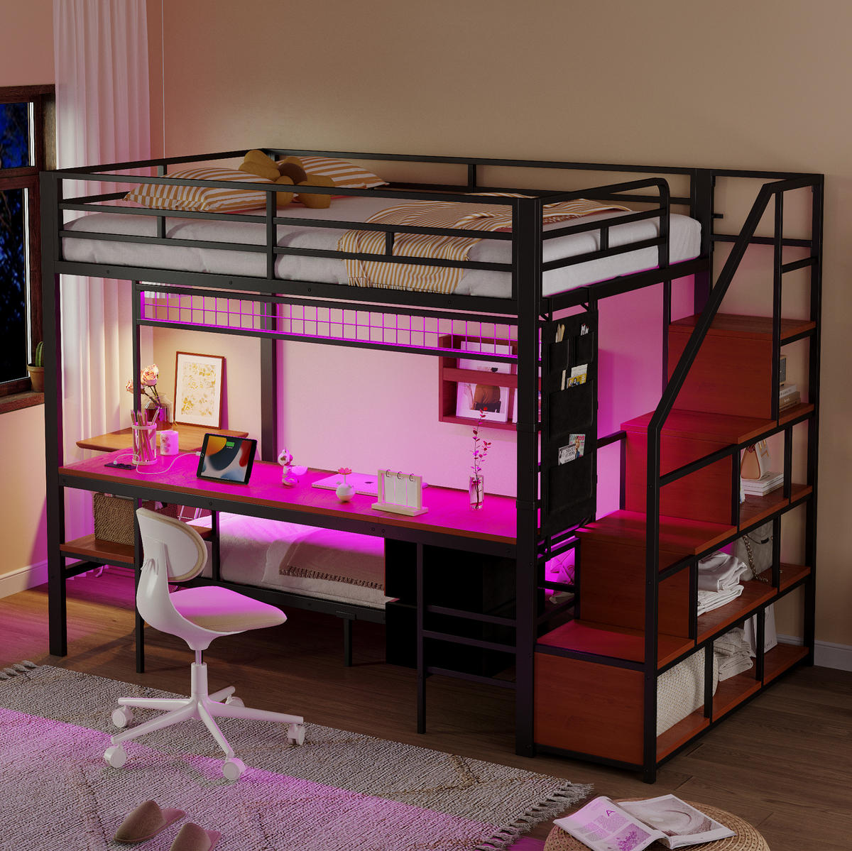 HOCHBETT 140/200 cm Schwarz aus Metall und Holz mit Schreibtisch und Unterbett - Schwarz, Metall (140/200cm) - OKMYHOME
