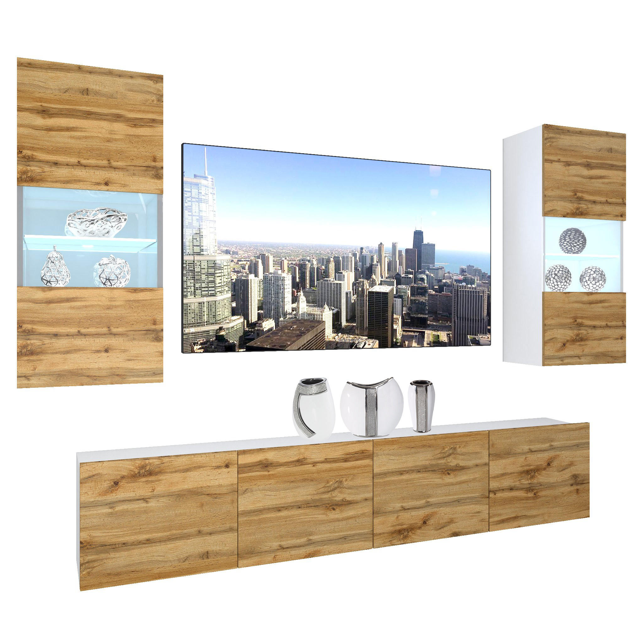 WOHNZIMMERWAND Schrankwand mit LED Wotan-Eiche - Braun, Holz (200/180/36cm) - B BELINI GROUP