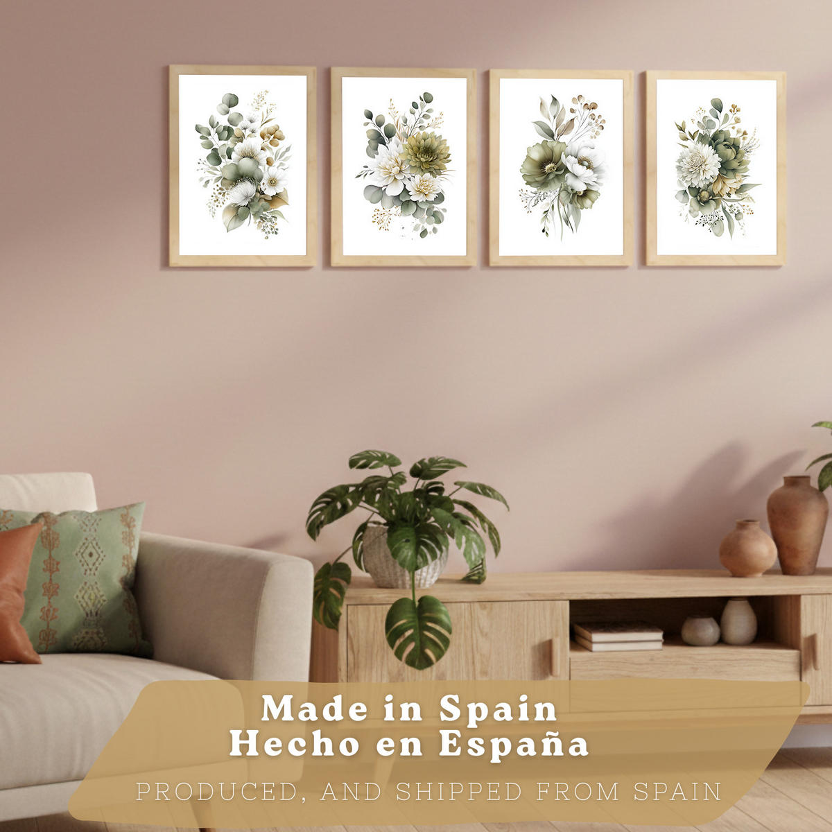 PLAKAT Sada 4 boho botanických uměleckých tisků. Akvarelové květinové nástěnné umění. Velikost Světlý dřevěný rám A3 - béžová, papír (29.7/42/3cm) - Nacnic