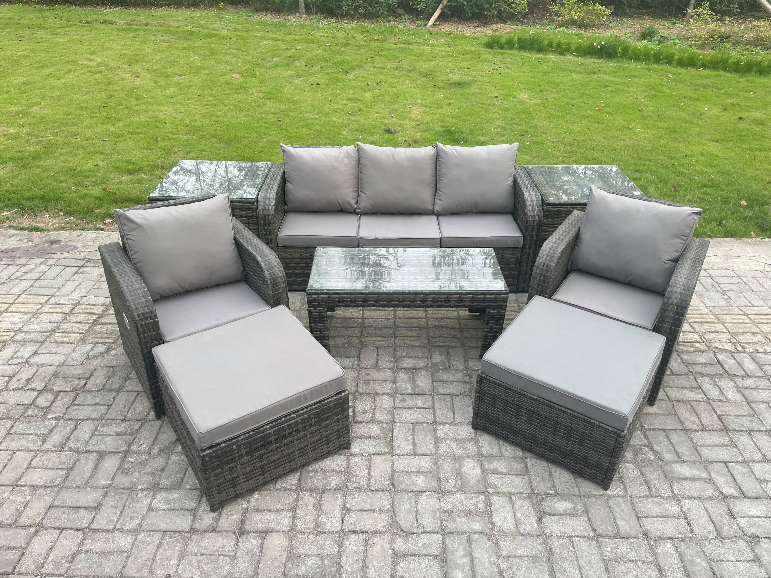 GARTENSOFA SET mit LIEGESTUHL Polyrattan 7-Sitzer Dunkelgrau - Dunkelgrau/Grau, Glas/Kunststoff - Fimous