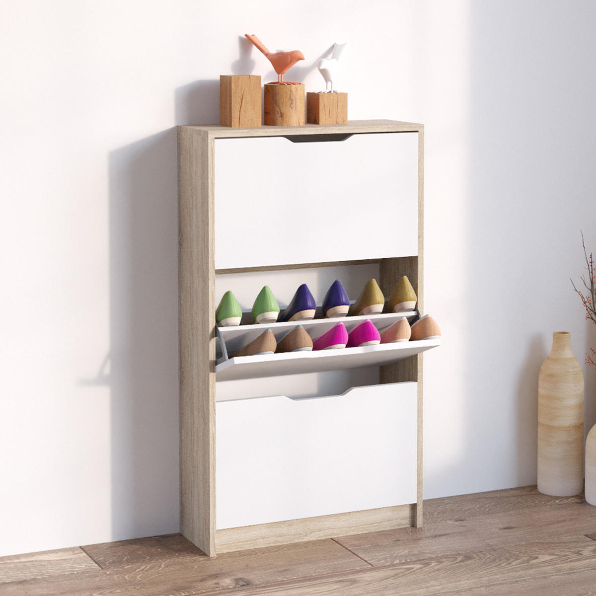 SCHUHKIPPER Luca Weiß/Sonoma 59 x 105 cm 3 Fächer - Sonoma Eiche, Holzwerkstoff (59/105/22cm) - Vicco