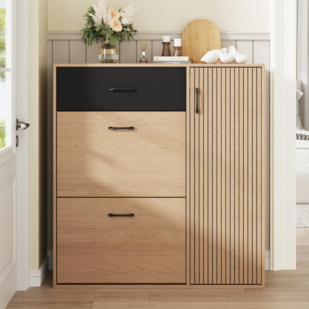 SCHUHSCHRANK 100×35×106cm Naturholz Schwarz mit 2 Klappen - Schwarz/Naturfarben, Holzwerkstoff (100/106/35cm) - FLIEKS